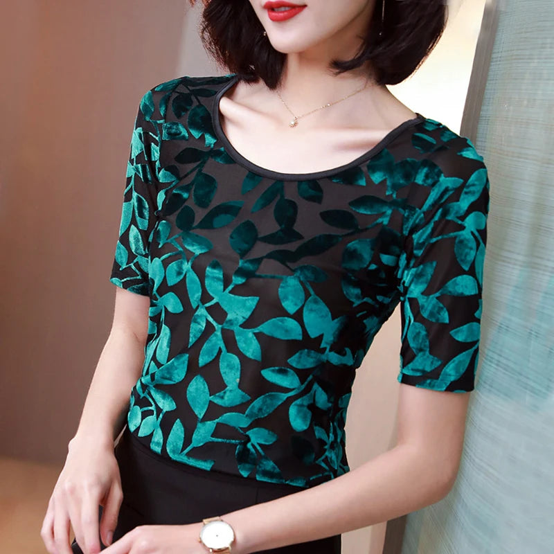 New Summer tops for Women Round neck Velvet burnt flower gauze t-shirt Short sleeve Women shirt