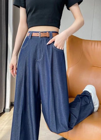 Women's Casual Basic Style Tencel Soft Ice Silk High Waisted Straight Jeans Female Commute Wide-Leg Light Blue Jeans