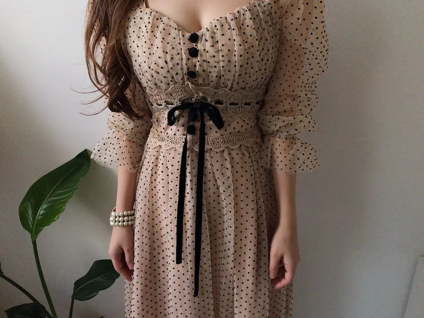 Women Clothing Vestidos Vintage Dress Elegant Square Neck High Waisted Lace Organza Polka Dot Dresses Chic Summer 2025 Slim