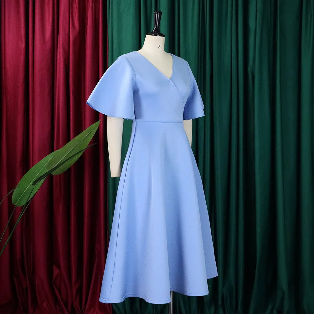 Dress Women Sexy Dresses White Round Neck Flare Sleeve Party Sheath Pleated High Waist Work Elegant Bodycon Mid Length Vestidos