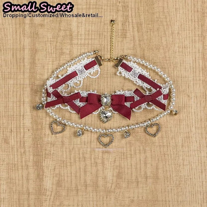Handmade Choker Necklaces Double Pearl bow love jewelry gemstone sweet Cute Kawaii Collar Lolita Collarbone Chain Cecklace Women
