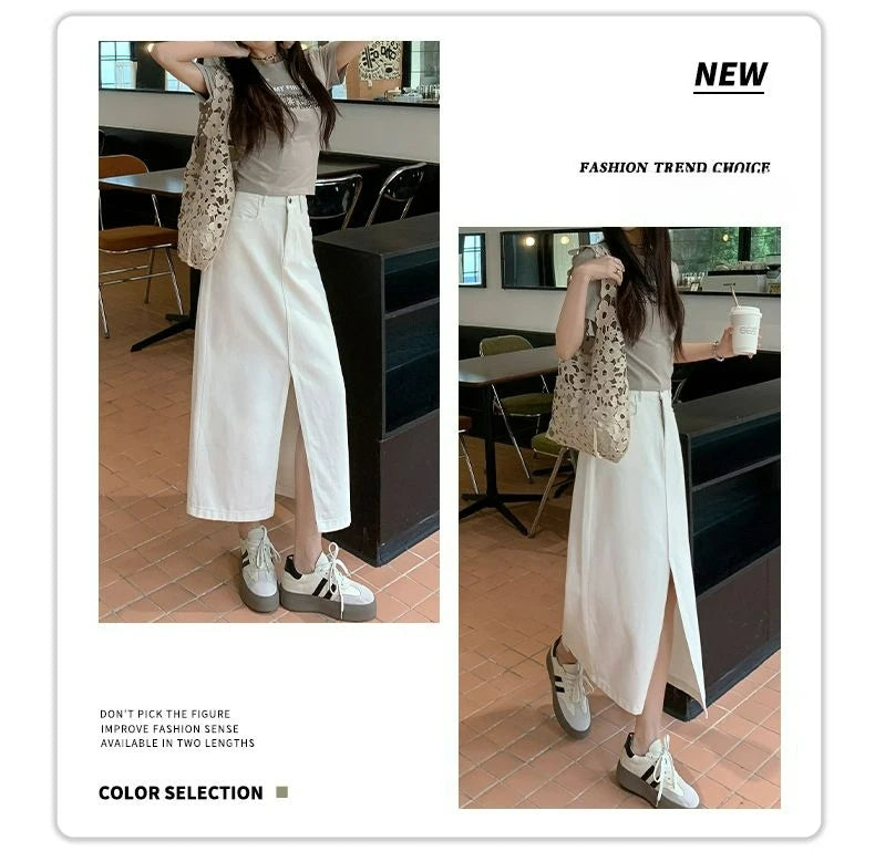 Casual High Quality Maxi Denim Skirts for Women Summer 2025 Fashion White Jeans Dress Long Y2k Medium-length A- Line Skirt Denim