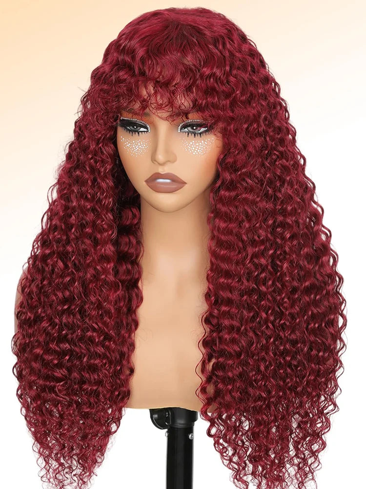Curly Wig with Bangs Human Hair 99J Burgundy Water Wave Color Wigs Red wig with Bangs Colored 100% Brazilian Human Hair