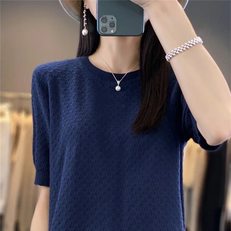 Women's T-shirt Summer 100% Cotton Sweater Short Sleeve Solid Color Round Neck Ladies Tops Loose Blouse Basic Pullover Tees