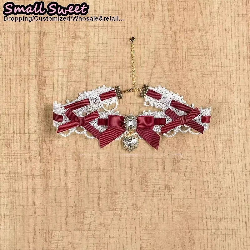 Handmade Choker Necklaces Double Pearl bow love jewelry gemstone sweet Cute Kawaii Collar Lolita Collarbone Chain Cecklace Women