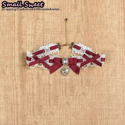 Handmade Choker Necklaces Double Pearl bow love jewelry gemstone sweet Cute Kawaii Collar Lolita Collarbone Chain Cecklace Women