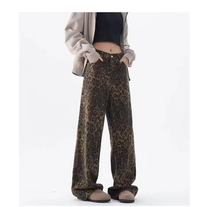 Women's leopard print jeans autumn and winter fashionable versatile loose retro casual pants straight leg wide leg pants
