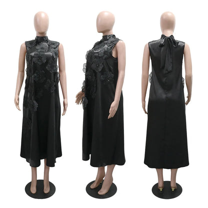 Elegant Dresses for Woman 2025 New O Neck Sleeveless Floral Decorate Straight Ankle Length Fashion Ladies Birthday Party Dress