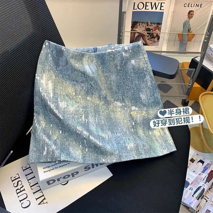 Blue Sequin Denim Skirt Jupe Femme Short Skirts for Women Korean Fashion Faldas Mujer Moda Spring Summer Y2k 2025 Casual High