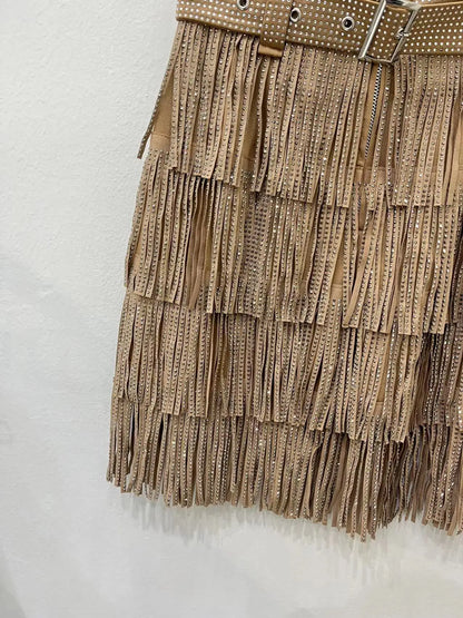 Women Skirt Fashion 2025 New Autumn High Waist Belt Multi Layer Short  Heavy Drilling Rhinestones Fringed Skirt with Cake A Line