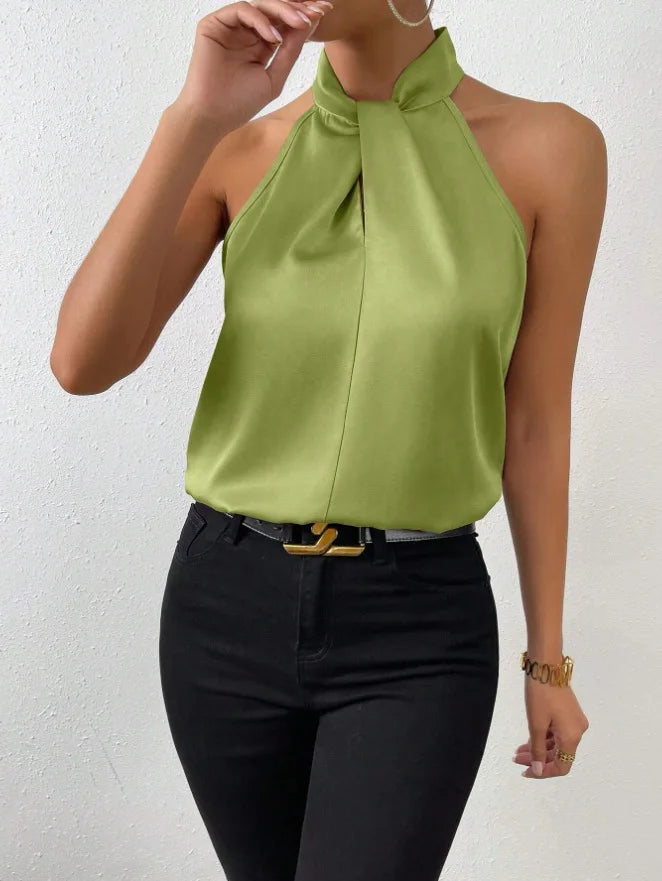 2025 Women's Tanks Top Camis Hanging Neck Strap Design Satin Gloss Loose Sleeveless Blouses Blusas Mujer Moda Black Sexy Shirt