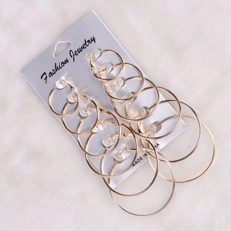 6 Pairs of Fashionable, Classic, Versatile, Personalized, Exaggerated Metal Round Women's Earring Set, Suitable for Daily Wear