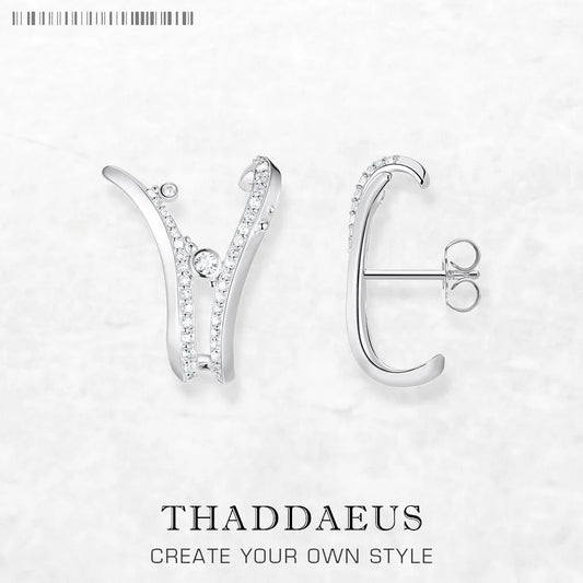 Ear Studs Wave With Stones,Europe Style Fine Jewerly For Women 3D-Effect Trendy Gift In 925 Sterling Silver