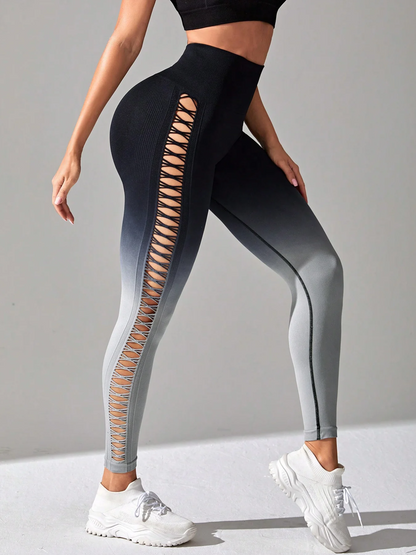 Women's High-Waisted Yoga Pants With Gradual Color Fade, Stretch Fabric, Breathable And Comfortable, Side Hollow Design