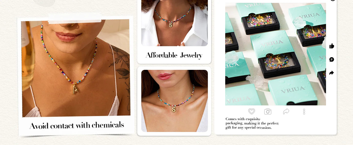 Colorful Initial Necklaces for Women Bubble Handmade Beaded Dainty Cute Beach Boho Necklace Trendy Jewelry Choker Necklace