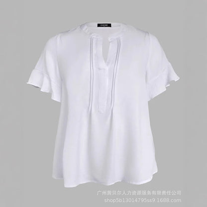 Tops Women Blouse Top Flare Sleeve V Neck Summer Casual Loose Bell Sleeve Work Simple Tees Y2k Streetwear Elegant Splice 2025