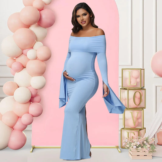 Women Maternity Dresses For Photoshoot Sexy Off Shoulder Long Sleeve Bodycon Pregnancy Baby Shower Maxi Gown
