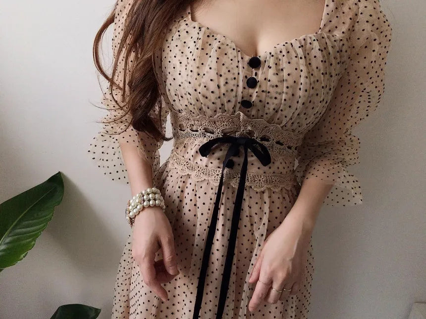 Women Clothing Vestidos Vintage Dress Elegant Square Neck High Waisted Lace Organza Polka Dot Dresses Chic Summer 2025 Slim