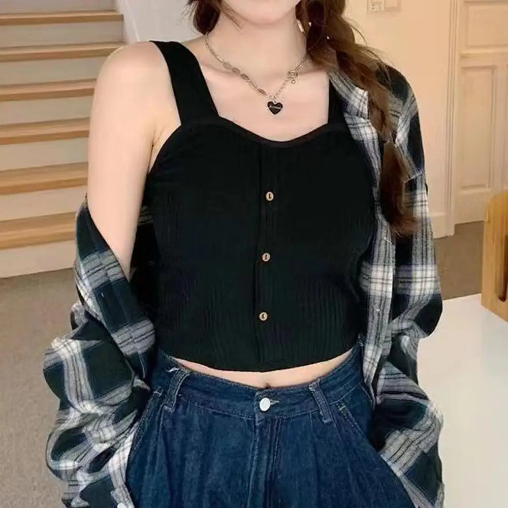 Women's Ribbed Tank Tops Y2K Cropped Tops with Bra Pads Knitted Button Down Suspenders Vest Sexy Camisole Female Short Tops