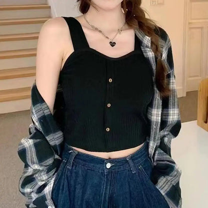 Women's Ribbed Tank Tops Y2K Cropped Tops with Bra Pads Knitted Button Down Suspenders Vest Sexy Camisole Female Short Tops