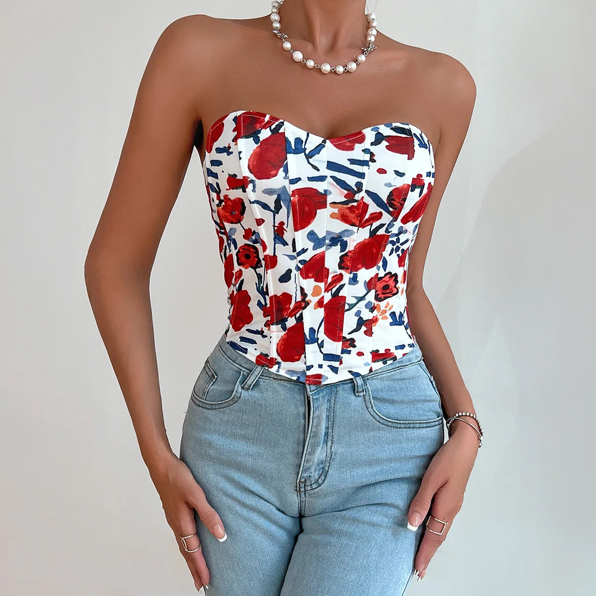 Women Floral Top Sexy Spicy Girl Tank Top Low cut Open Back Flower Wrapped Chest Diamond Fish Bone Strap Waist Vest Tank Top