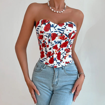 Women Floral Top Sexy Spicy Girl Tank Top Low cut Open Back Flower Wrapped Chest Diamond Fish Bone Strap Waist Vest Tank Top