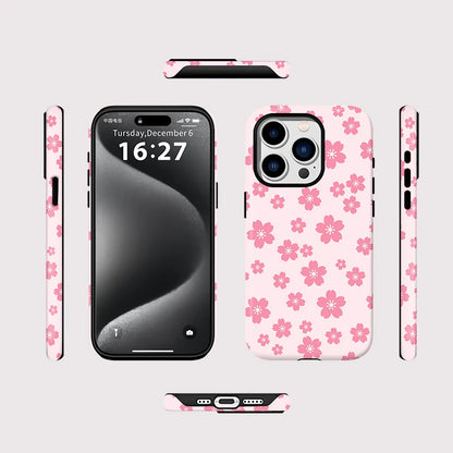 Pink Flower Pattern Case For iPhone 16 Pro Max 15 14 Plus 13 12 Pro 11 Luxury Magnetic Double-layer Shockproof Back Cover