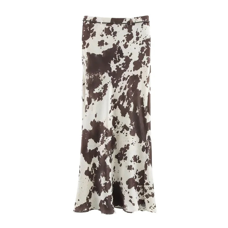 MUJER Print Satin Long Skirts for Women High Waist Midi Skirt Woman Spring Belt Women's Skirt Cylinder Vintage Women Skirt Sets