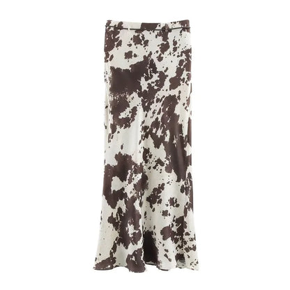 MUJER Print Satin Long Skirts for Women High Waist Midi Skirt Woman Spring Belt Women's Skirt Cylinder Vintage Women Skirt Sets