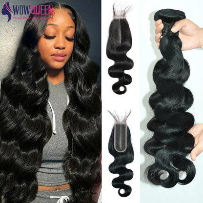 Body Wave Bundles With Closure 2x6 Brazilian Hair Weave 3/4 Bundles With Closure Natural Human Hair Bundles With Lace Closure