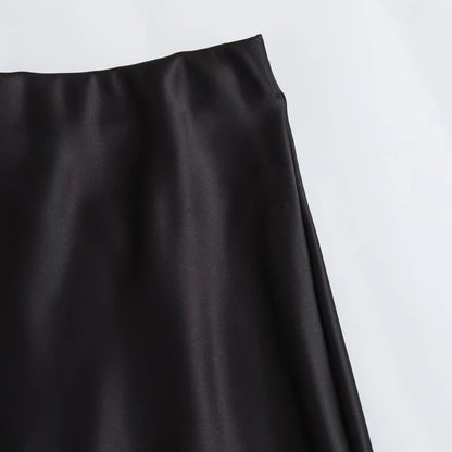 TRAF Women's Skirt Summer Elegant Satin Skirt Stylish Lady High Waist Skirts Cylinder Green Black Skirt Woman Office Street Wear