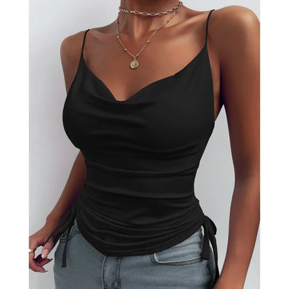 Women Tank Top V Neck Camisole Cami Drawstring Spaghetti Strap Top Loose Sleeveless Blouses Tank Shirt Summer Crop Top
