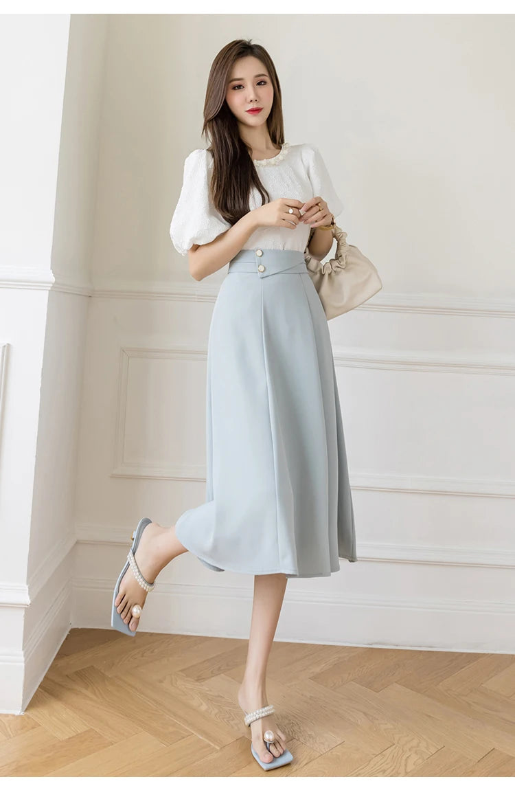Women's Skirts High Waist Sweet Girl's Mid-calf Skirt Solid Skirts for Women Vintage Long Fashion 2023 Kawaii Summer Women Skirt