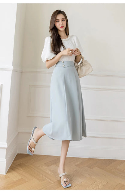 Women's Skirts High Waist Sweet Girl's Mid-calf Skirt Solid Skirts for Women Vintage Long Fashion 2023 Kawaii Summer Women Skirt