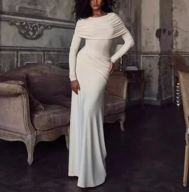 Womens Dresses  Spring New Round Neck Long Sleeves Elegant Temperament Ruched Waist Cinching Skinny Evening long Dress