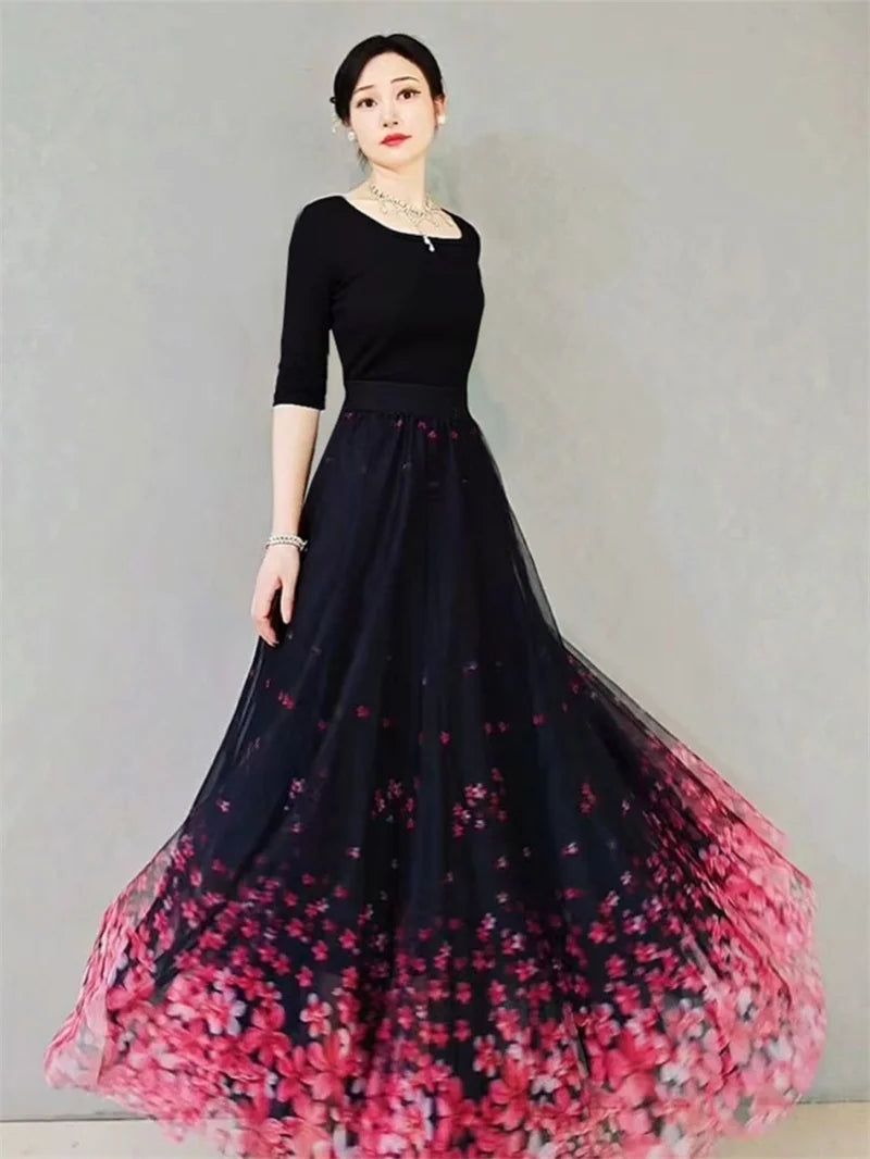 Skirt Women's Long Skirt 2024 New High Waist Slim A-line large Swing Skirt Female A-Line Skirts Summer Sakura Gradient Long Skir