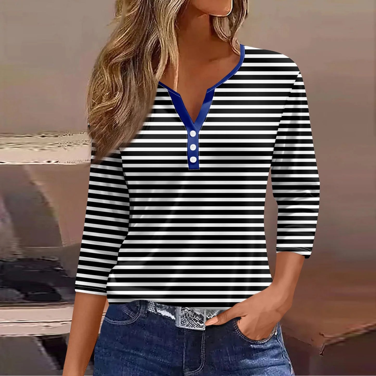 Tops For Women Women'S T Shirt Tee Print Button 3/4 Sleeve Daily Weekend Fashion Basic V Neck Regular Top Ropa De Mujer New