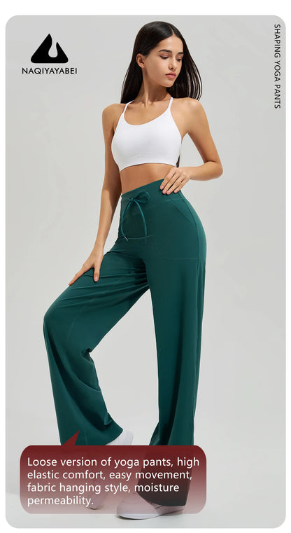 Women's High Waist Yoga Pants Gym Loose Running Yoga Pants Double Side Brushed with Pockets Pants Ties