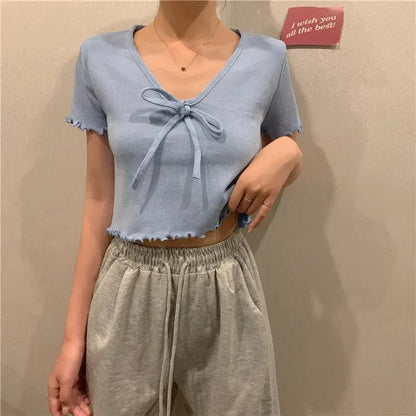 Tops Woman Short Sleeve T Shirt for Women V Neck New in Knitwears Plain Sexy Crop Korean Fashion Reviews Clothes Many Polyester