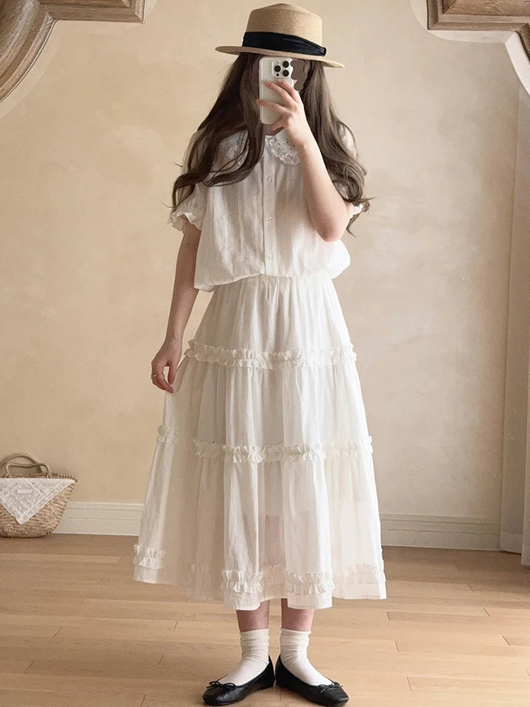 Sweet Skirts Women Summer Elastic Waist Solid Color Loose A-Line Skirt for Sweet Girls Kawaii Clothes