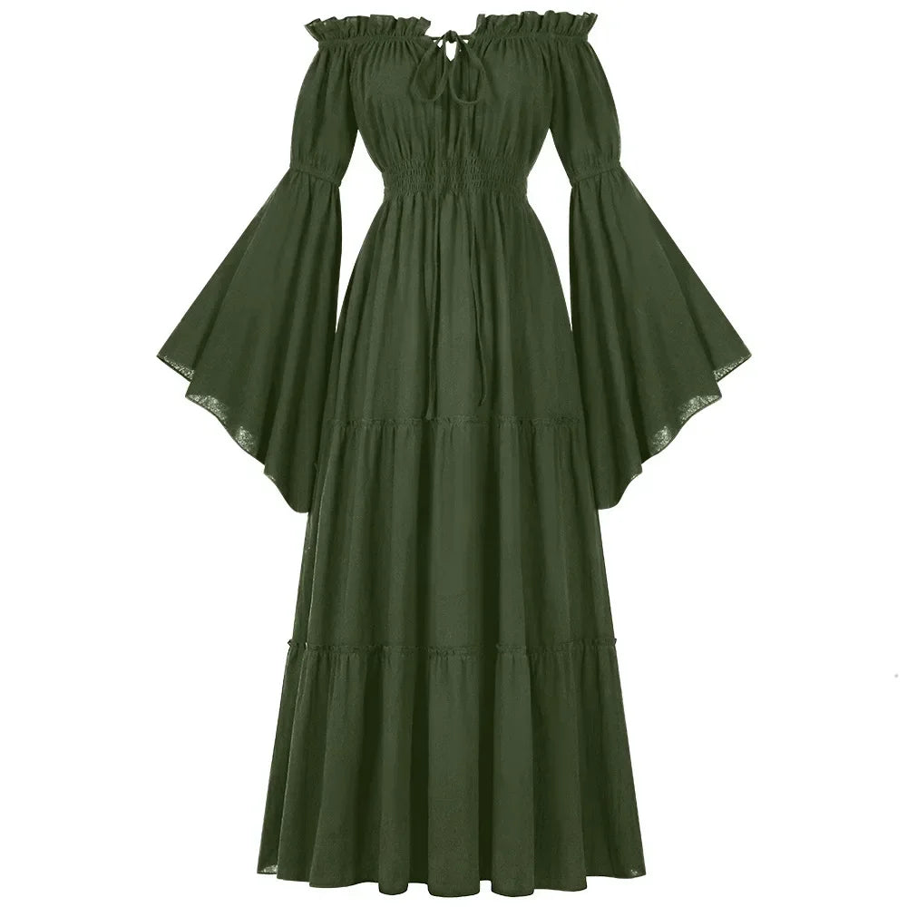 Women Renaissance Irish Dress Off Shoulder Medieval Peasant Dress Pirate Costume Wench Retro Gown Smocked Waist Maxi Long Dress
