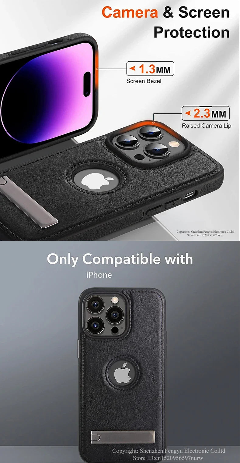 Leather Kickstand Phone Cases for iPhone 15 13 Pro Max 14 Plus 12 11 Mobile Case Shockproof Flexible Soft Grip Luxury Back Cover