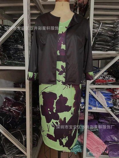 New Women Dress Sets Elegant Print Floral Higt Waist Wrapped Hip Dress and Solid Color Cardigan Tops 2 PCS Suit Office Lady Sets