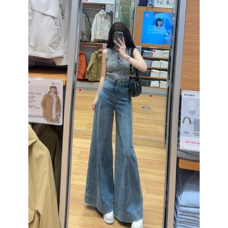 White Jeans with Pant Legs Women 2025 Spring New Temperament Korean Version of High Waist Loose Look Slim Wide Leg Pants Jeans