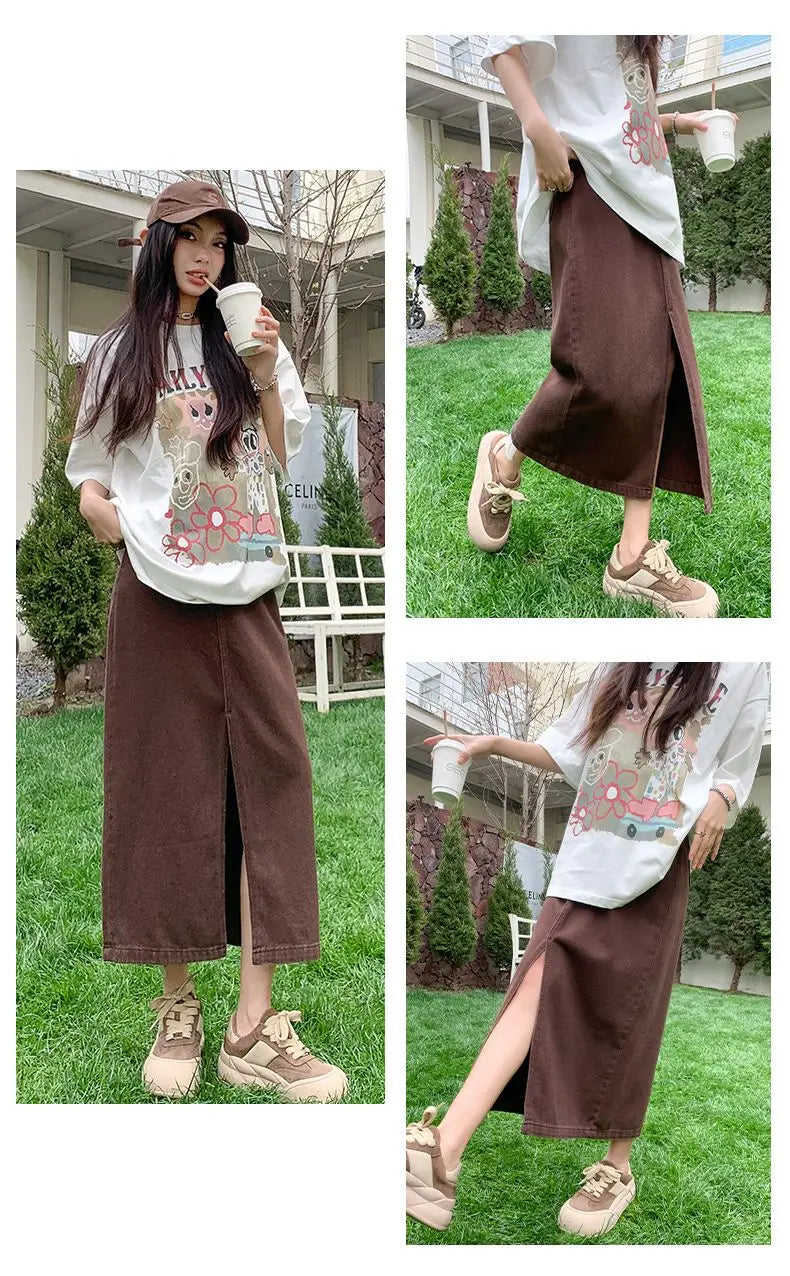Casual High Quality Maxi Denim Skirts for Women Summer 2025 Fashion White Jeans Dress Long Y2k Medium-length A- Line Skirt Denim