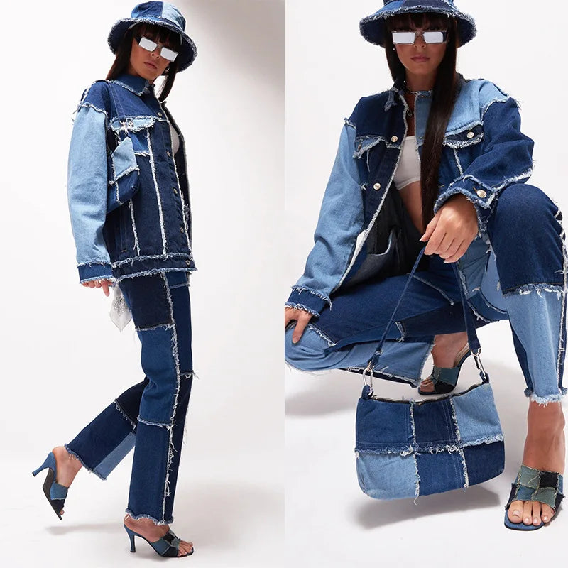 2025 Hot Sale Mixed Color Patchwork Jeans For Women Fashion High Stretch Denim Straight Pants Street Hipster Trousers XS-2XL