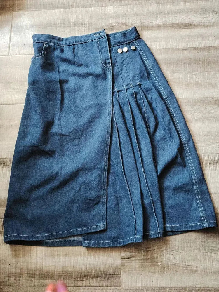 Irregular Pleated Baggy Denim Skirt Women Casual High Waist Vintage Faldas Korean Fashion Streetwear Loose A-lined Jean Skirts