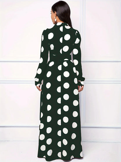 Casual Dresses Elegant Women Long Dress Sleeve Female Robe Bow Knot Polka Dots Girl's Vestidos Lady's Maxi Dresses