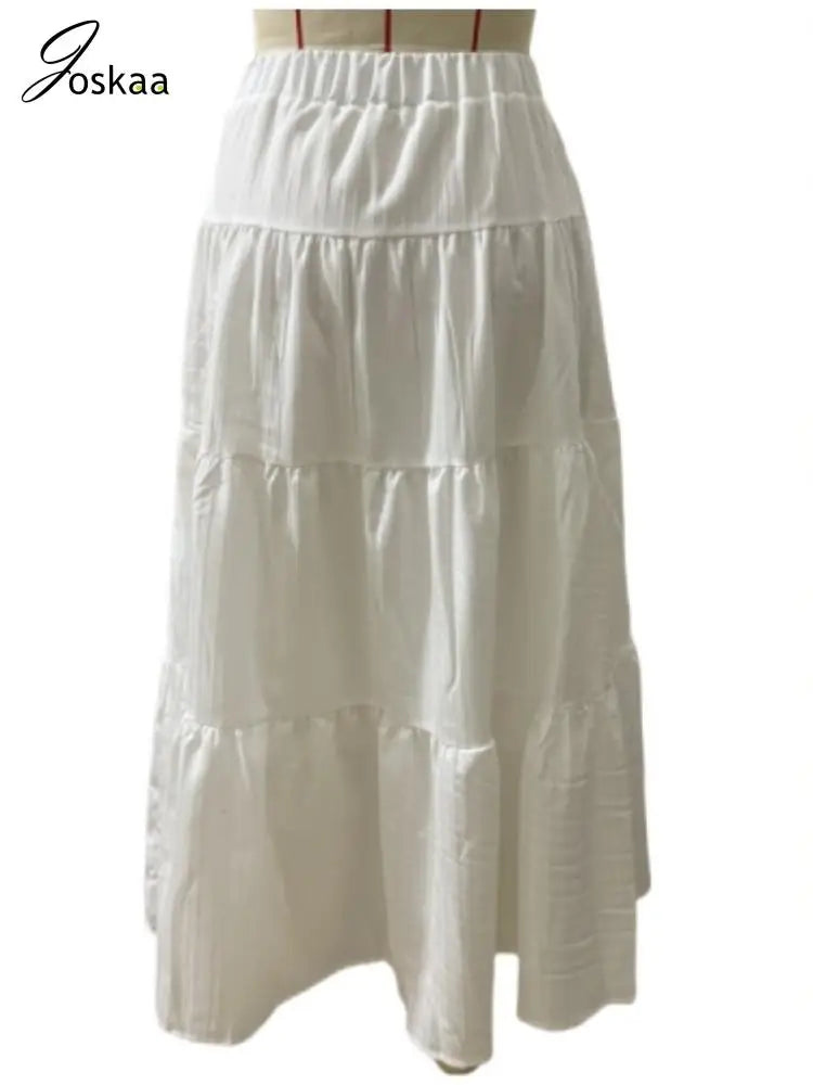 Joskaa Elegant White Skirt Women Hipster Lace-Up Elastic Waist Big Swing Skirts 2025 Summer Female Bottoms Holiday Beachwear