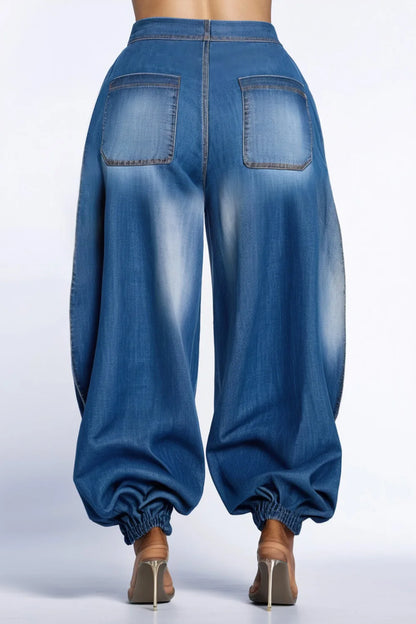 Plus Size Women's Jeans Cargo Pants High Waist Blue Jogging Denim Pants with Pockets 2025